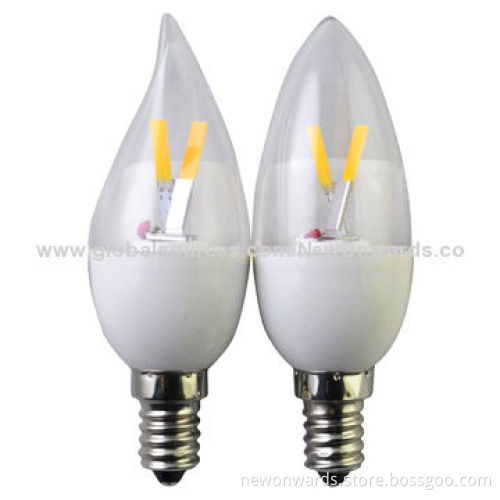 Filament Candle, 2W, Total 250lm, 130lm/W, New COB, E12/E14/26/E27/B22, AC220V, CRI>80, 360 Degrees